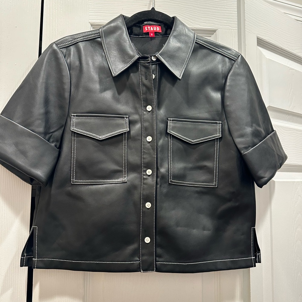 STAUD Black Short Sleeve Faux Leather Top